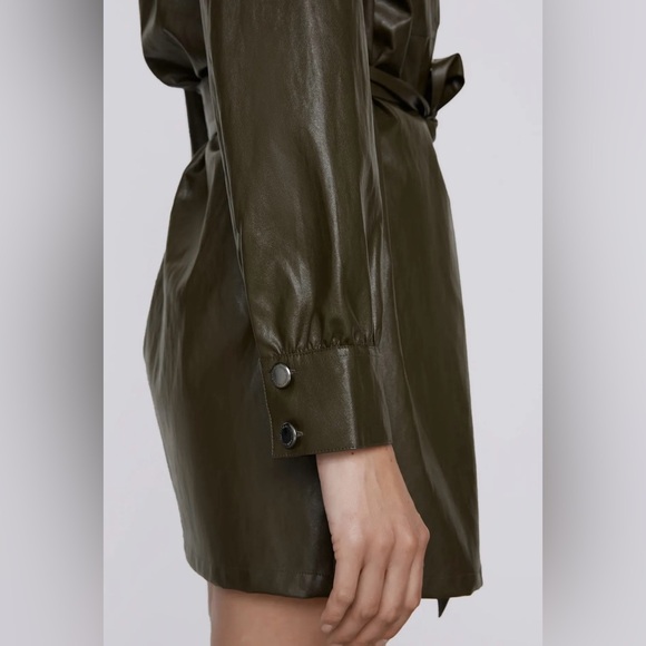 NWT ZARA Khaki Faux Leather Button Down Mini Dress - Picture 8 of 16
